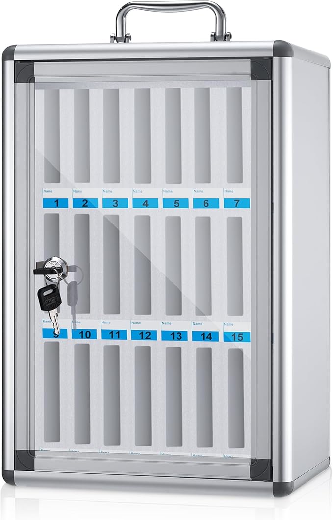 Amylove 24 Slots Cell Phone Locker Cabinet Aluminum Alloy Pocket Chart Storage Locker Box Cabinet Wall-Mounted Cell Phones Storage Box with Handle for Office Classroom Gym (White)