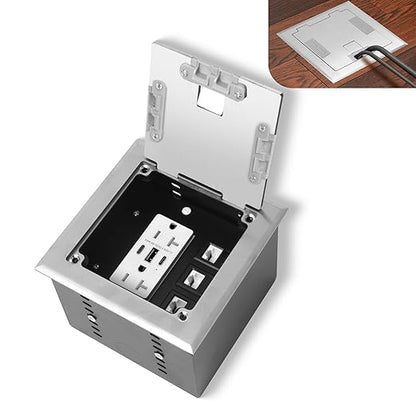 KYHSHJ Recessed Flat Hidden Socket Kit with 2 * 20A Receptacle，8A 1 USB-A Ports &2 USB-C Port+3-Port RJ45 Datacom Receptacle. Internal Height Adjustable，Corrosive Resistant Hardware (Silver)