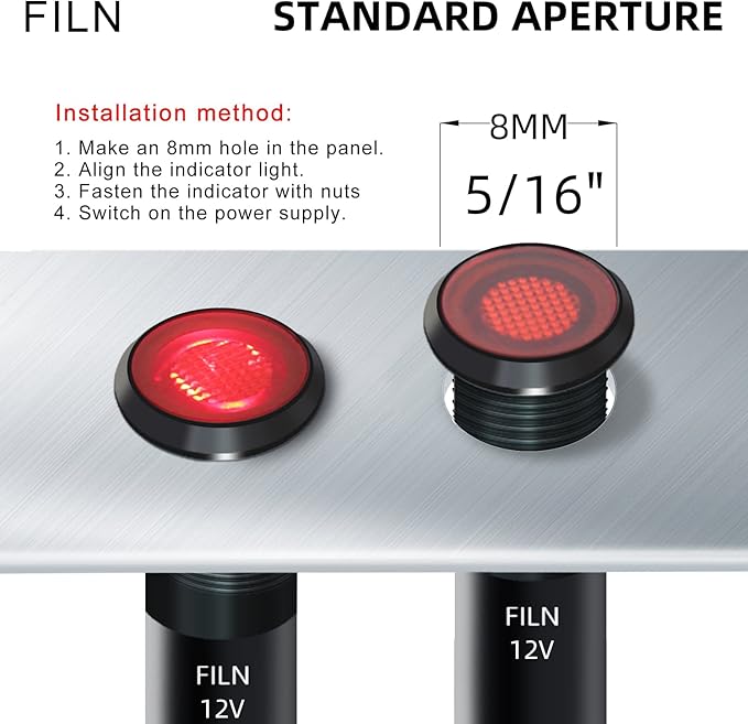 50Pcs 8MM (5/16") Indicator Light 12V 24V Metal Pilot Lamp Lights Aluminum Black Anodized Waterproof ip67 Red Signal Lamp Light(12V-24V Black Anodized-Red)