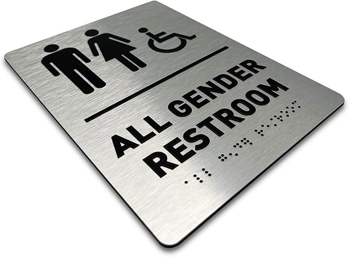 All Gender Restroom Sign by GDS - ADA Compliant, Wheelchair Accessible, Raised Icons, & Grade 2 Braille - Includes Adhesive Strips for Easy Installation - Bathroom Sign, Bathroom Signs for Business, Restroom Signs for Business - 6" W x 8" H (Brushed Al...