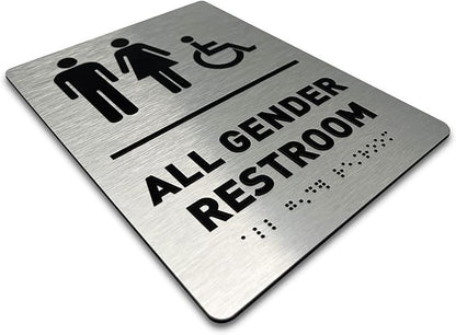 All Gender Restroom Sign by GDS - ADA Compliant, Wheelchair Accessible, Raised Icons, & Grade 2 Braille - Includes Adhesive Strips for Easy Installation - Bathroom Sign, Bathroom Signs for Business, Restroom Signs for Business - 6" W x 8" H (Brushed Al...