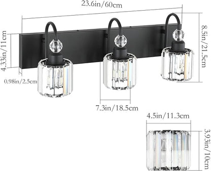Ralbay Modern Crystal Vanity Light 3-Lights Modern Crystal Vanity Lights for Bathroom Matte Black Crystal Bath Wall Light Fixtures Modern Black Crystal Bathroom Light Fixtures