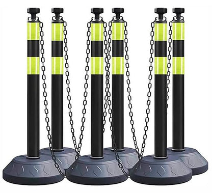 6 Pack 40 Inch Traffic Delineator Posts with Fillable Base and 6.6FT Plastic Chain, Safety Delineator Post Cones with 2 Green Reflective Stripes for Construction Work (Black)