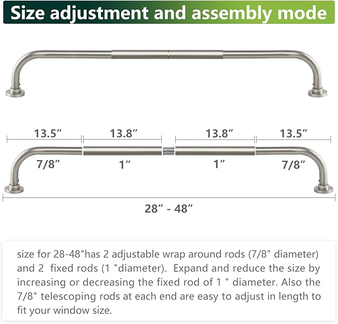 Nickel Wrap Around Curtain Rods 28 to 48 In:Blackout Heavy duty Adjustable Window Curtain Rod for Bedroom,Industrial Darkening Curved French Metal Single Drapery Rods Easy Install,Satin Nickel