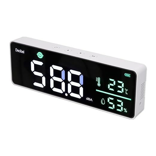 Decibel Meter Wall Hanging, 11in Large LED Screen Sound Level Meter, Temperature Humidity Meter with Alarm Icons Indicator for Classroom, Home, Studio, Factory