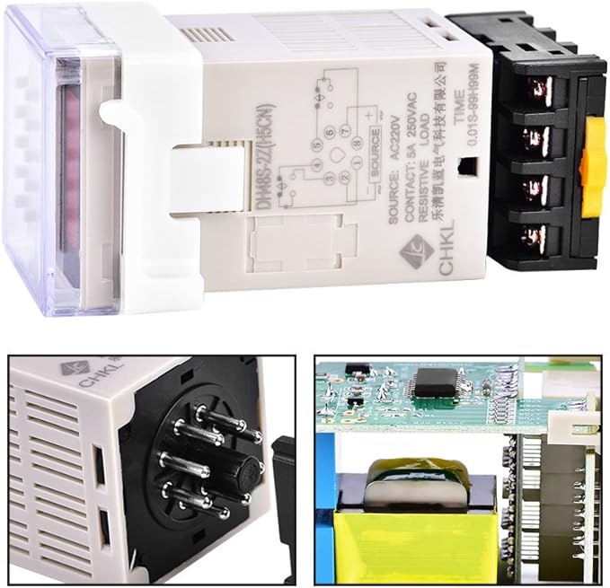 DH48S-2Z 220V Digital Time Relay with Socket Base - Dual Timer Delay (0.01s-99h) - 5A 250VAC Fully Automatic Control Relay - LCD Display Adjustable Buttons for Industrial/Home Automation