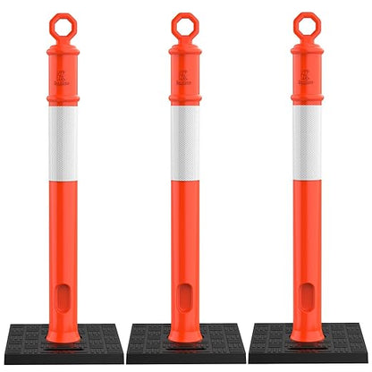 RoadHero 45 Inch Delineator Post with Base, Portable Orange Traffic Delineator Posts Cones with Reflective Collars for Parking Lots, Road Safety, Construction Events 3 Pack