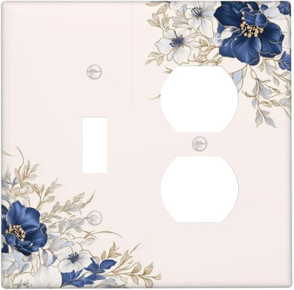 Decorative Outlet Covers Rustic Blue Beige Flower Peony Floral 2 Gang Light Switch Cover Plate Single Toggle Duplex Wall Plates for Electrical Outlets Switch Plate Covers for Bedroom Decor