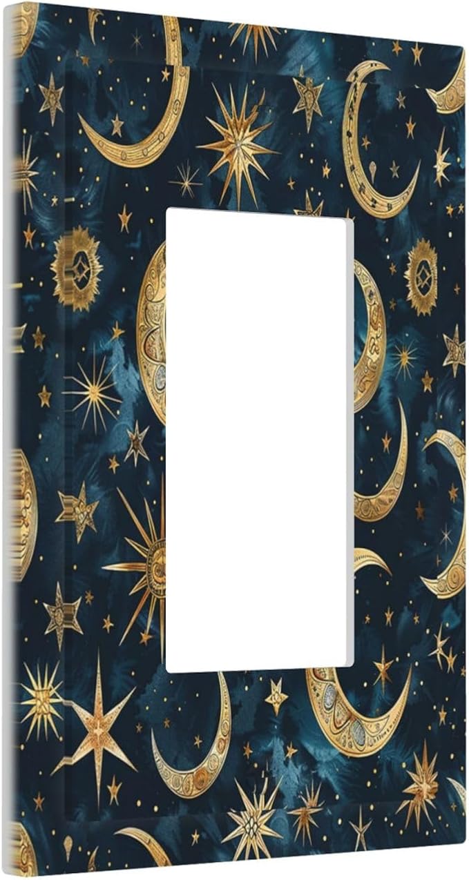 Decorative Outlet Covers Modern Abstract Sky Blue Gold Moon Sun Star 1 Gang Single Rocker Light Switch Cover Plate Wall Plates GFCI Faceplate for Bedroom Kids room Decor