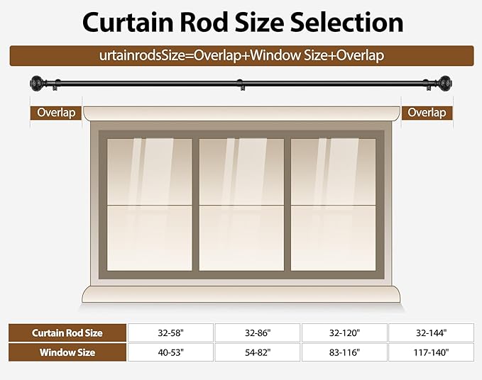 TONIAL Black Curtain Rod 32 to 58 Inches, 7/8 Adjustable Curtain Rods for Windows 20 to 54 Inches, Splicing Drapery Rods Heavy duty with Netted Texture Finials
