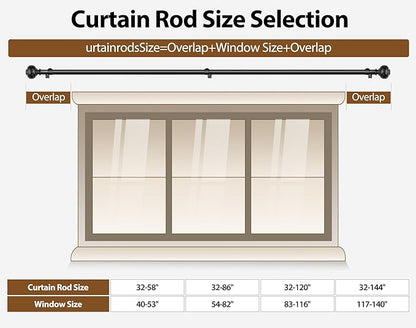 TONIAL Black Curtain Rod 32 to 144 Inches, 7/8 Adjustable Curtain Rods for Windows 20 to 144 Inches, Splicing Drapery Rods Heavy duty with Netted Texture Finials