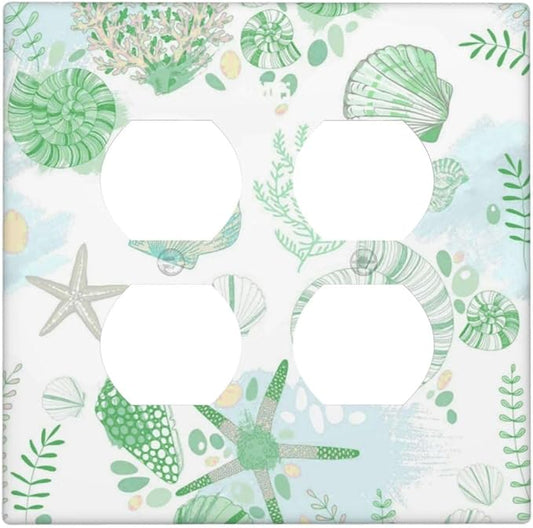 Beach Nautical Starfish Scallop Coral Conch Outlet Covers 2 Gang Double Duplex Decorative Light Switch Covers Electrical Wallplates Socket Faceplate for Bathroom Home Decor