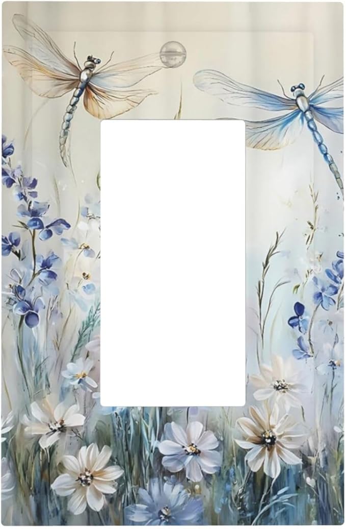 Decorative Outlet Covers Watercolor Dragonfly Blue Wihte Flower 1 Gang Rocker Light Switch Cover Plate Single Wall Plates for Electrical Outlets Switch Plate Covers Faceplate for Home Decor