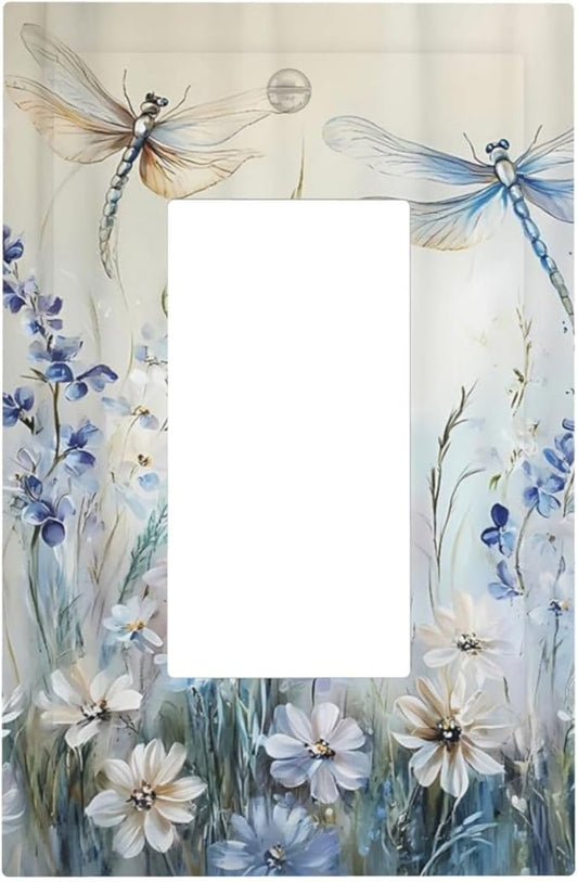 Decorative Outlet Covers Watercolor Dragonfly Blue Wihte Flower 1 Gang Rocker Light Switch Cover Plate Single Wall Plates for Electrical Outlets Switch Plate Covers Faceplate for Home Decor
