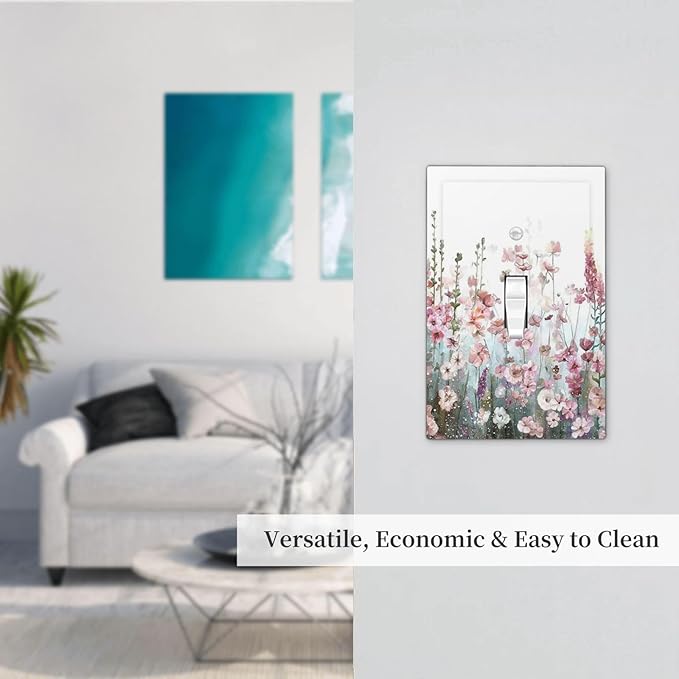 Colorful Flowers Pink Floral Watercolor Plant Decorative Light Switch Cover 1 Gang Single Toggle Device Electrical Faceplate Switchplates Decorator Outlet Wall Plate for Bed Room Living Room Decor