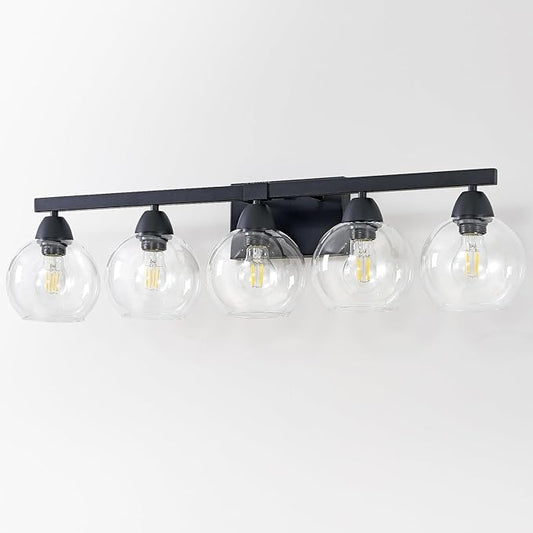 5-Light Bathroom Light Fixtures, Black Vanity Light with Premium Hand-Blown Glass Shades, Ultra-Clear & Impact-Resistant, Wall Lamp for Mirror, Living Room, Kitchen