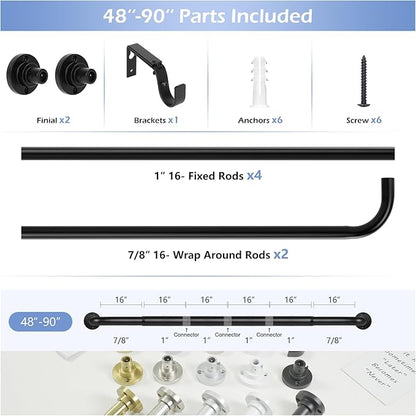 Black Wrap Around Curtain Rods 48 to 90 Inch:Blackout Heavy duty Adjustable Window Curtain Rod for Bedroom,Industrial Darkening Curved French Metal Single Drapery Rods Easy Install,Matte Black