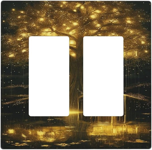 Decorative Outlet Covers Golden Shining Fantasy Kabbalah Tree of Life 2 Gang Light Switch Cover Plate Double Rocker Wall Plate Switch Plate Covers Faceplate for Bedroom Home Decor