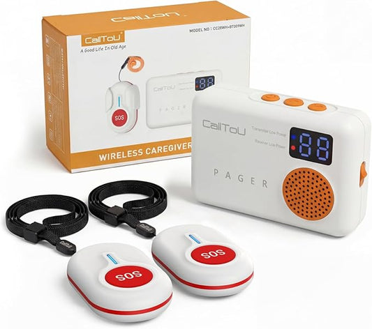 CallToU Caregiver Pager Wireless Call Button for Elderly at Home, Portable Nurse Alert System with Vibration/for Patients and Disabled, 500ft Ranger (2 Call Buttons + 1 Receivers)