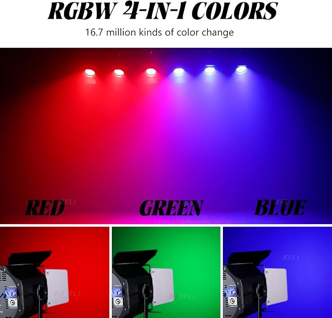 COB Stage Lights with Barn Doors, COB Par Light 200W LED RGBW 4in1, DMX512 Master-Slave Sound DJ Lighting Spotlight Fresnel for Church Concert Wedding (4-Colors Style, 1)