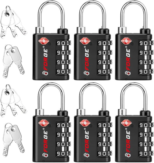 Forge Dual-Opening: Key or Combination Lock, TSA Approved Lock for Luggage, Pelican case, Travel, Gym, School, Luggage Combination Lock, Travel Bag Lock (Black 6 Pk)