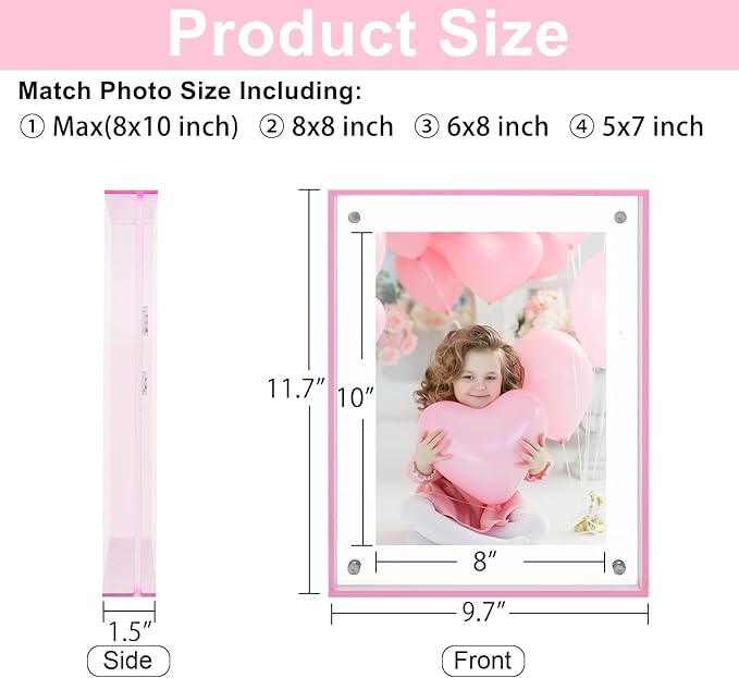 8x10 Picture Frames, Stunning Color Acrylic Photo Frame, Wall & Tabletop Display Frames, Modern Floating Style for Home Office Decoration, Pink (1 Pack)