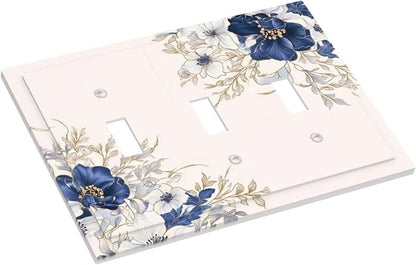 Decorative Light Switch Cover Plate Rustic Blue Beige Flower Peony Floral 3 Gang Wall Plates for Electrical Outlets Triple Toggle Switch Plate Covers Outlet Covers Faceplate for Bedroom Decor