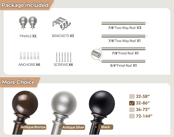 KAMANINA Curtain Rods for Windows 48 to 84 Inches, Antique Silver Curtain Pole 32 to 86 Inches (2.6-7.1ft), 7/8 Inch Decorative Drapery Rods with Round Finials