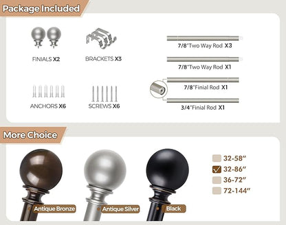 KAMANINA Curtain Rods for Windows 48 to 84 Inches, Antique Silver Curtain Pole 32 to 86 Inches (2.6-7.1ft), 7/8 Inch Decorative Drapery Rods with Round Finials