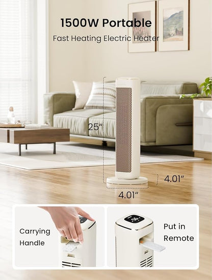 25" Space Heaters For Indoor Use Large Room, Electric Heaters For Indoor Use with Thermostat, Oscillating Room Heaters with Timer, Remote Control, Overheat Protection Tower Heater for Bedroom (Beige)