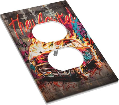 Outlet Covers Hip Hop Street Graffiti Flame Car 1 Gang Duplex Wall Plate Decorative Switch Plates Electrical Receptacle Faceplate Light Switch Cover for Bedroom living Room Decor