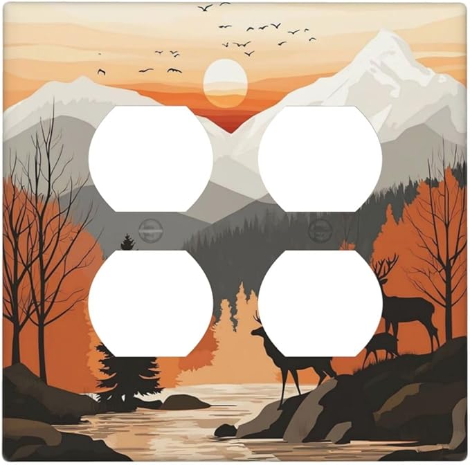 Sun Forest Deer Snow Mountain River Outlet Covers 2 Gang Double Duplex Decorative Light Switch Covers Electrical Wallplates Socket Faceplate For Bed Room Living Room Decor