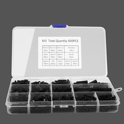 600PCS M3 Male Female Nylon Hex Spacer Standoffs Screws Nuts, Motherboard Standoffs and Screws Assortment Kit, Threaded Pillar for Circuit Board PCB Motherboard (Black)
