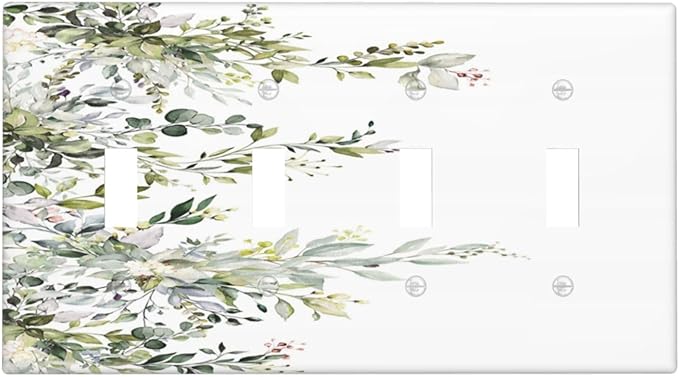 Decorative Light Switch Plate Covers Rustic Eucalyptus Leaves Green Leaf 4 Gang Light Switch Cover Quad Toggle Wall Plate Outlet Covers for Bedroom Home Decor