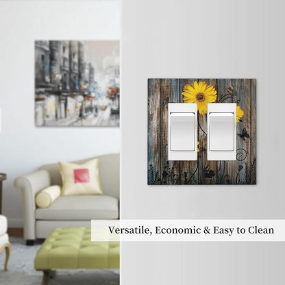 Rustic Barn Sunflower Wooden Daisy Flower Plank Decorative Outlet Covers 2 Gang Double GFCI Rocker Electrical Wall Panels Light Switch Cover Plate for Farmhouse Home Decor
