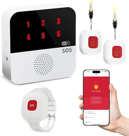 Life Alert Systems for Seniors No Monthly Fee, App-Controlled Caregiver Pager, LED Number Display 1Waterproof Wrist Remote Control 2Call Button 1Receiver(Only Supports 2.4GHz Wi-Fi)