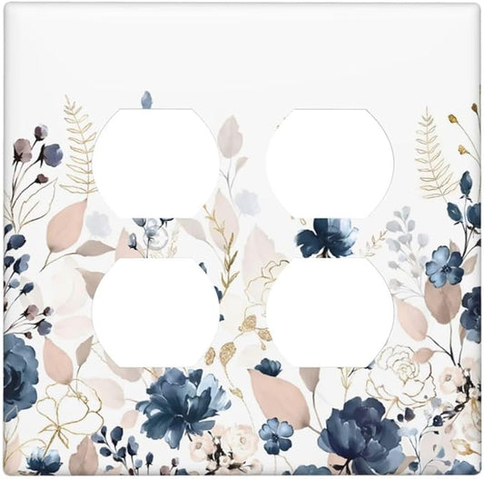 Blue Flora Boho Vintage Flower Golden Leaves Outlet Covers 2 Gang Double Duplex Decorative Light Switch Covers Electrical Wallplates Socket Faceplate for Bedroom Living Room Decor