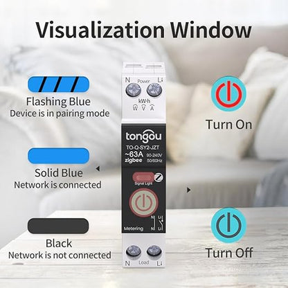 Zigbee 3.0 Smart Switch| 1‑63A Adjustable DIN Rail 1P+N| Support Tuya/Smart Life Remote Control| Over-Current Protection| Smart Home Real-time Energy Monitoring| Voice Control| FCC Certified