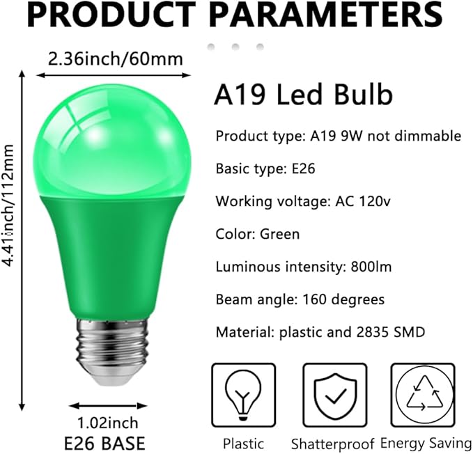 haraqi 2 Pack 9W (60W Equivalent) 120V E26 Base A19 LED Colored Light Bulb, Green LED Lights for Party Christmas Decor and Halloween Lighting
