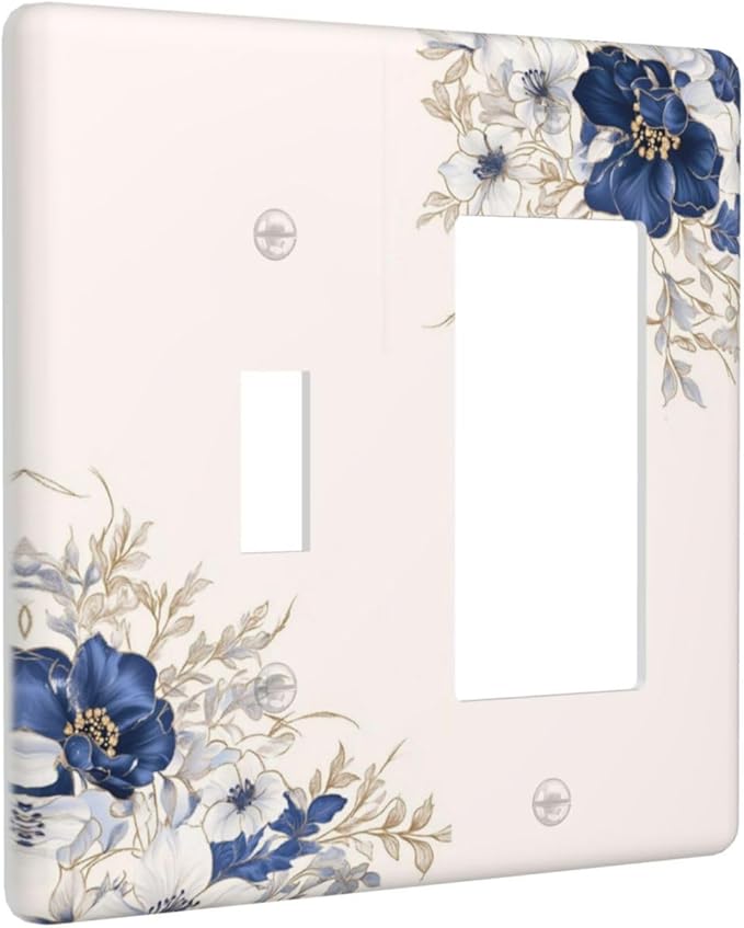 Decorative Outlet Covers Rustic Blue Beige Flower Peony Floral 2 Gang Light Switch Cover Plate Single Toggle 1 Rocker Wall Plates for Electrical Outlets Switch Plate Covers for Home Decor