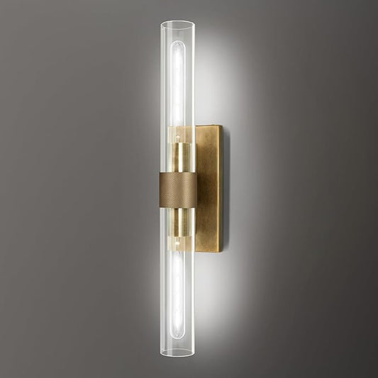 22.8" Knurled Brass Wall Sconces, 2-Light Dimmable Modern Lamp Lighting, Bronze Wall Lighting with Glass, Gold Vanity Light Fixtures Tube Sconce for Bedroom, Living Room, Hallway, Mirror, Kitchen