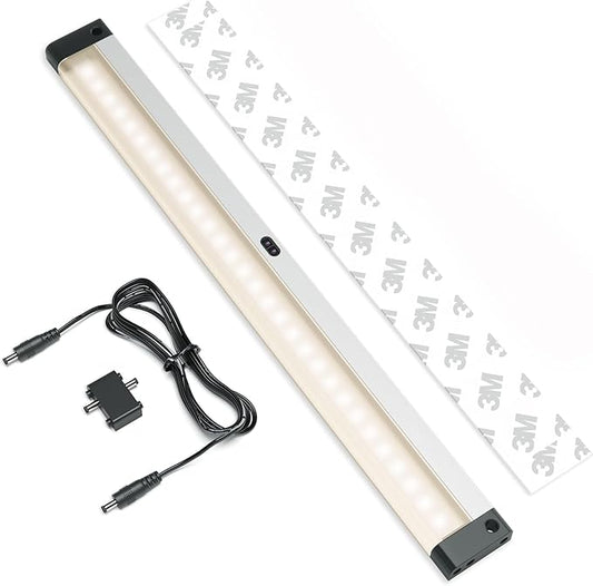 EShine 12 inch LED Dimmable Under Cabinet Lighting Strip with Hand Wave Motion Sensor, Black, with Accessories (No Power Supply Included), Warm White (3000K)