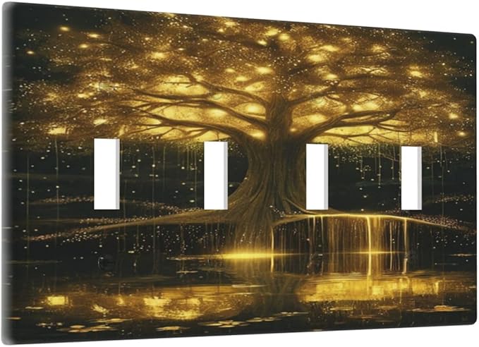 Decorative Light Switch Plate Covers Golden Shining Fantasy Kabbalah Tree of Life 4 Gang Light Switch Cover Plate Quad Toggle Wall Plate Outlet Covers Faceplate for Bedroom Home Decor