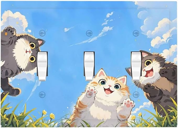 Decorative Switch Plates Orange Gray Cute Cat Sky Cloud Cat S Paw 3 Gang Wall Plate Triple Toggle Light Switch Cover Faceplate Electrical Wall Panels For Kids Room Nursery Decor
