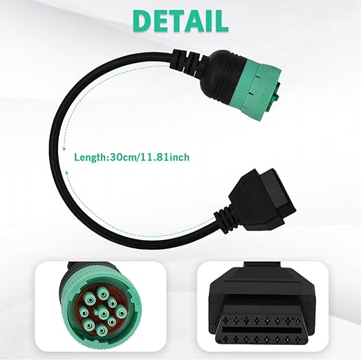 9 Pin to 16 Pin OBD2 Adapter Cable for Heavy Duty Trucks and Commercial Vehicles,Type 2 Green J1939 Diagnostic Connector Plug Work with Truck OBD Diagnostic Scanner Tool