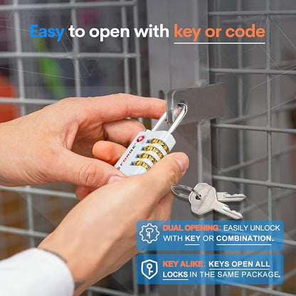 Forge Dual-Opening: Key or Combination Access Lock, TSA Approved Locks for Luggage, Pelican case, Travel, Gym, School, Stainless Steel Shackle. (White, 2 Pk)