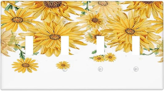 Sunflower Yellow Flowers Floral Light Switch Covers Quad Toggle Electrical Faceplate 4 Gang Wall Plate Decorative Switch Plates for Bed Room Living Room Decor