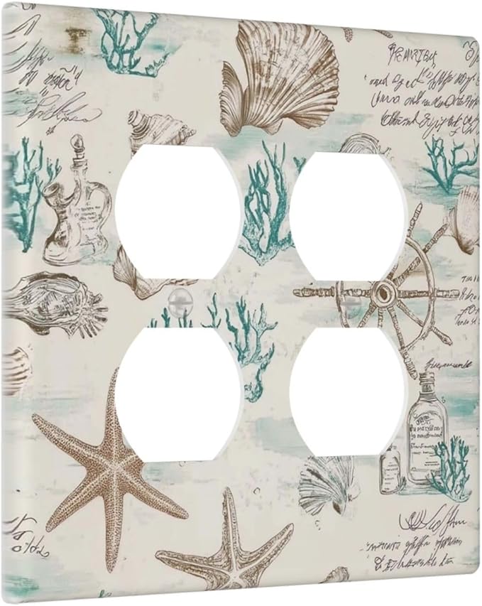 Mid Century Seashells Starfish Compass Outlet Covers 2 Gang Double Duplex Decorative Light Switch Covers Electrical Wallplates Socket Faceplate For Nursery Kids Room Decor