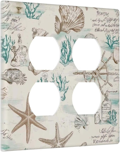 Mid Century Seashells Starfish Compass Outlet Covers 2 Gang Double Duplex Decorative Light Switch Covers Electrical Wallplates Socket Faceplate For Nursery Kids Room Decor