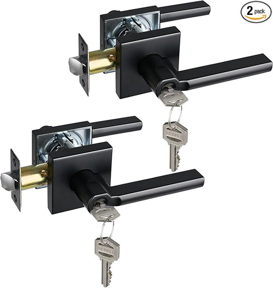Keyed Entry Door Lever with Lock, Heavy Duty Square Interior Handle for Front Door and Office, Matte Black, Reversible for Right&Left Handed, 2Packs